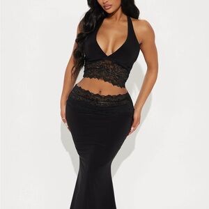 Fashion Nova Black Lace Trim Maxi Skirt Set